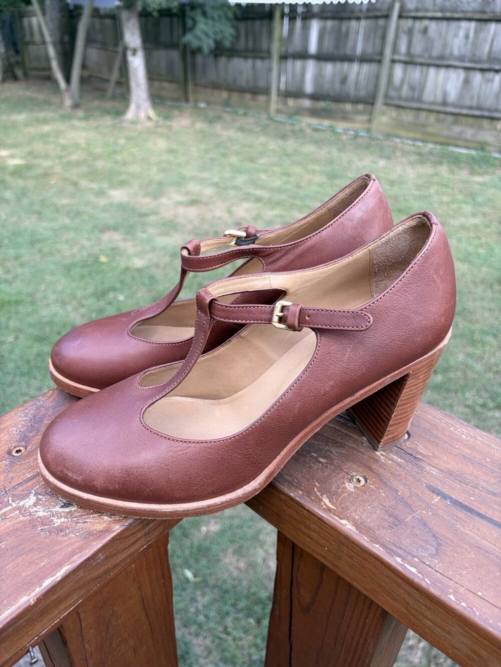 A.P.C Brown Leather T Strap Mary Jane Block Heels Parisian Chic EU 39 US 9